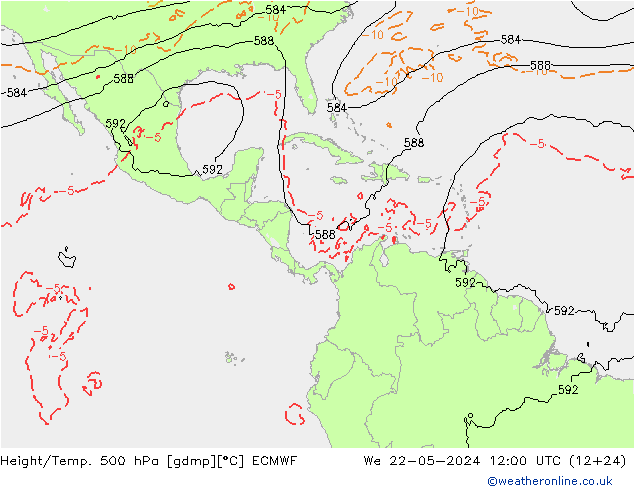 Height/Temp. 500 hPa ECMWF śro. 22.05.2024 12 UTC
