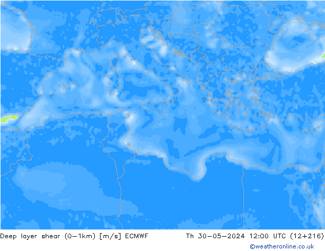 Deep layer shear (0-1km) ECMWF czw. 30.05.2024 12 UTC
