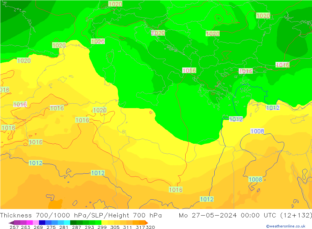 Thck 700-1000 hPa ECMWF Mo 27.05.2024 00 UTC