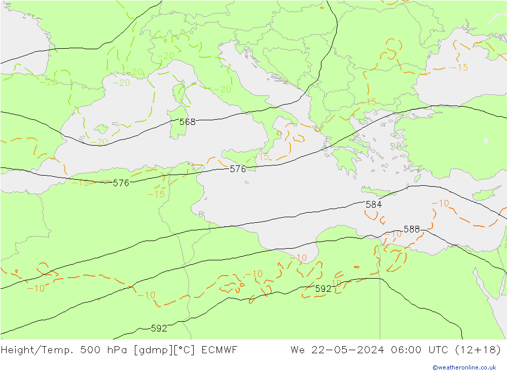 Z500/Rain (+SLP)/Z850 ECMWF mer 22.05.2024 06 UTC