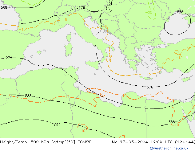 Z500/Rain (+SLP)/Z850 ECMWF Po 27.05.2024 12 UTC