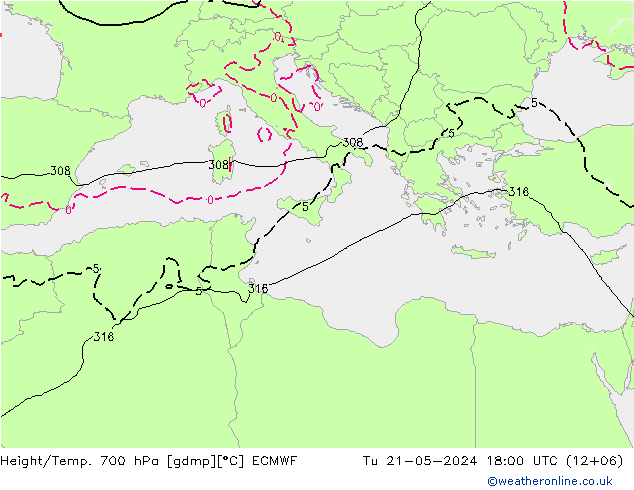 Hoogte/Temp. 700 hPa ECMWF di 21.05.2024 18 UTC