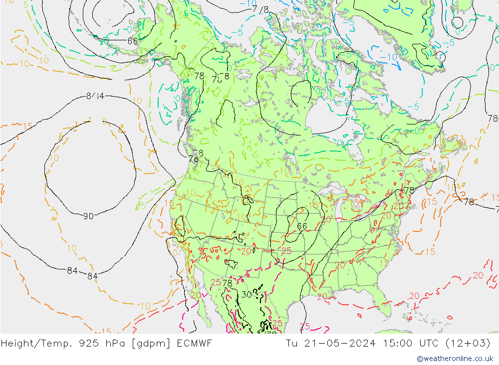 Height/Temp. 925 hPa ECMWF Di 21.05.2024 15 UTC