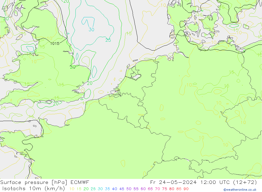 Isotachs (kph) ECMWF Fr 24.05.2024 12 UTC
