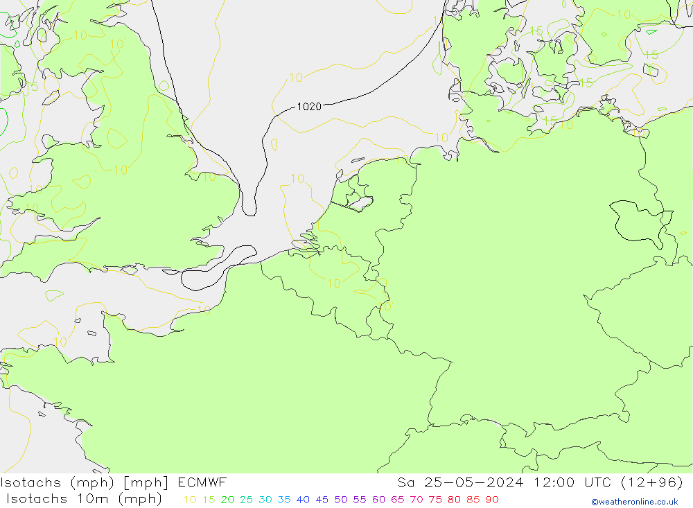 Isotachen (mph) ECMWF Sa 25.05.2024 12 UTC
