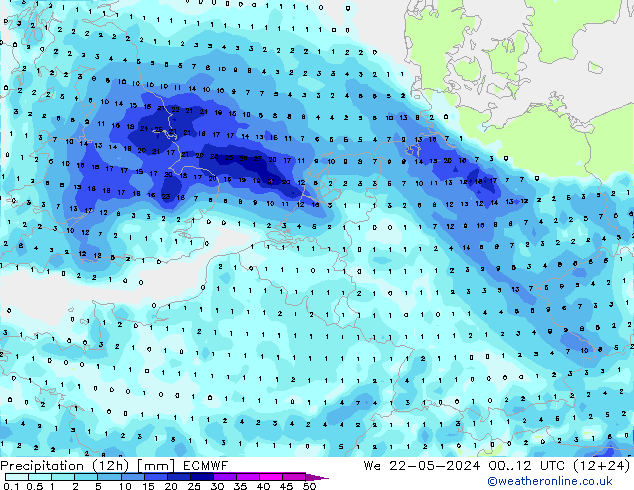 Totale neerslag (12h) ECMWF wo 22.05.2024 12 UTC