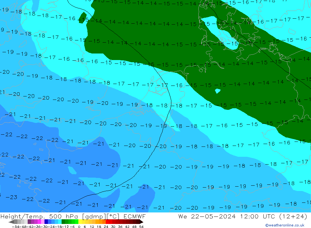 Height/Temp. 500 hPa ECMWF śro. 22.05.2024 12 UTC