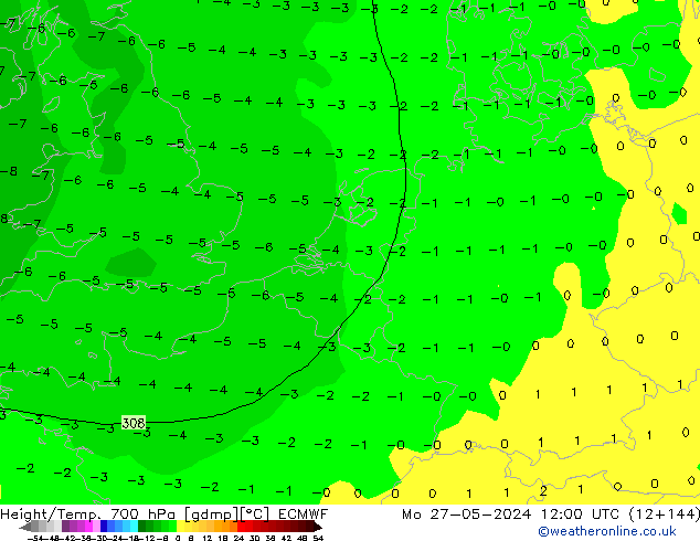 Height/Temp. 700 hPa ECMWF pon. 27.05.2024 12 UTC