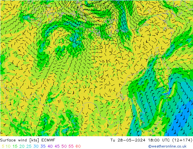 ветер 10 m ECMWF вт 28.05.2024 18 UTC