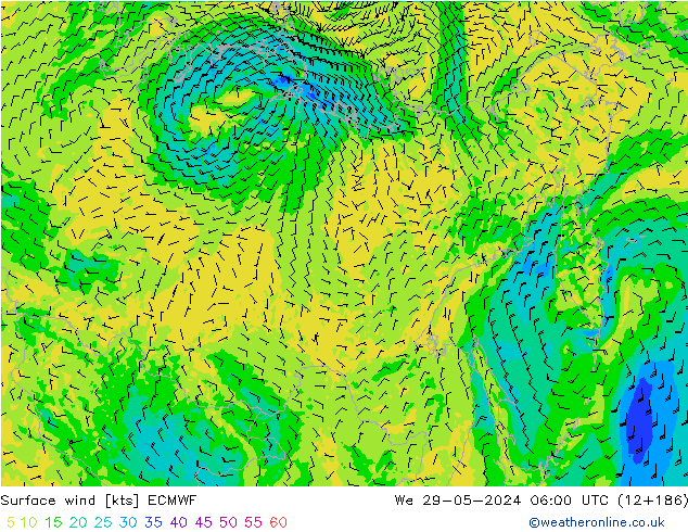 Vento 10 m ECMWF mer 29.05.2024 06 UTC