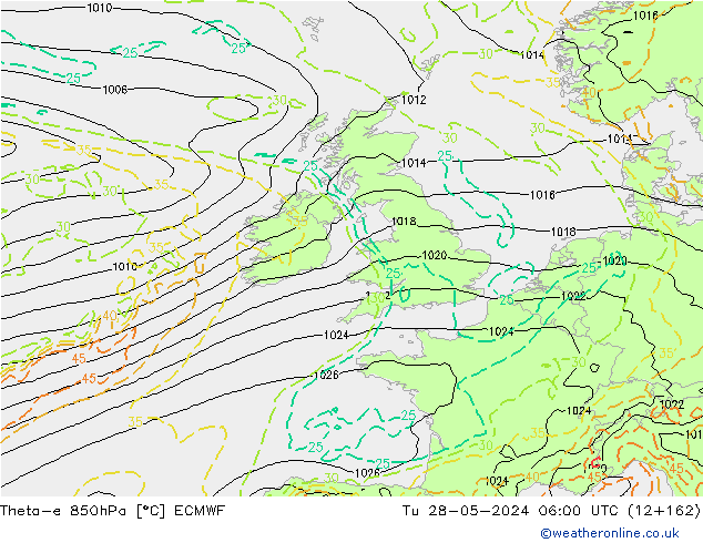 Theta-e 850hPa ECMWF Sa 28.05.2024 06 UTC