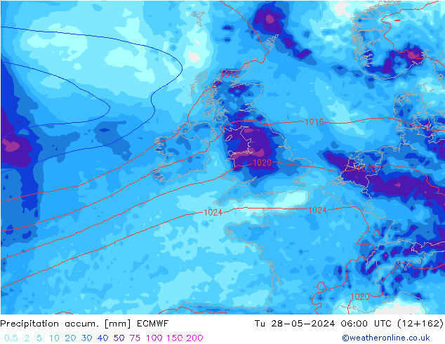 Precipitation accum. ECMWF wto. 28.05.2024 06 UTC