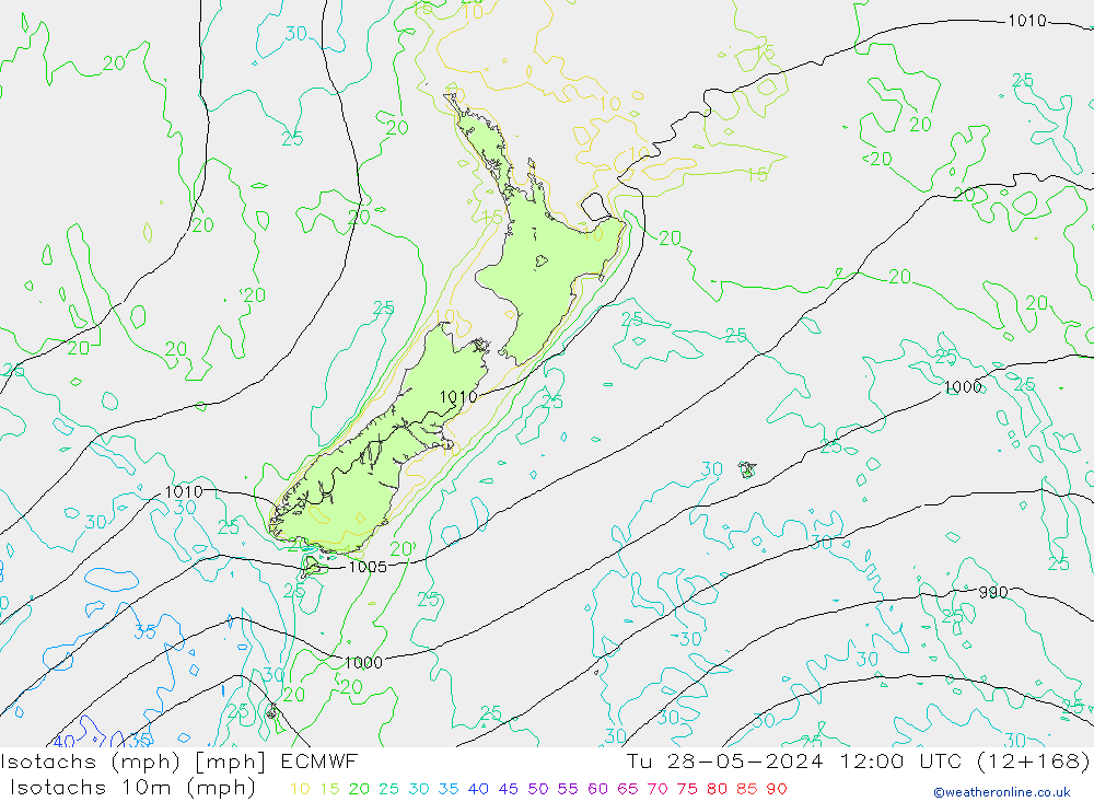Isotachen (mph) ECMWF Di 28.05.2024 12 UTC
