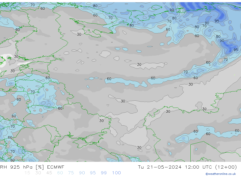 RH 925 hPa ECMWF Tu 21.05.2024 12 UTC