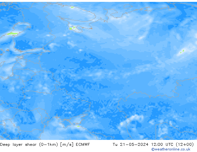 Deep layer shear (0-1km) ECMWF Tu 21.05.2024 12 UTC
