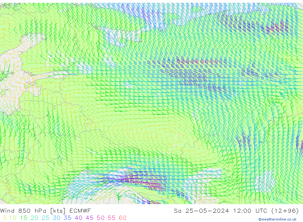 Vent 850 hPa ECMWF sam 25.05.2024 12 UTC