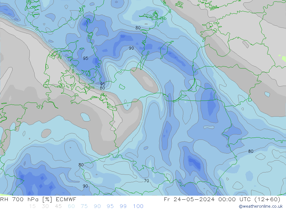 Humidité rel. 700 hPa ECMWF ven 24.05.2024 00 UTC