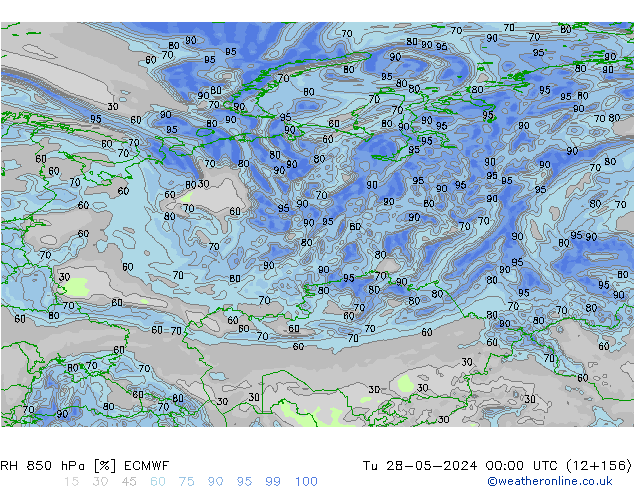 Humidité rel. 850 hPa ECMWF mar 28.05.2024 00 UTC