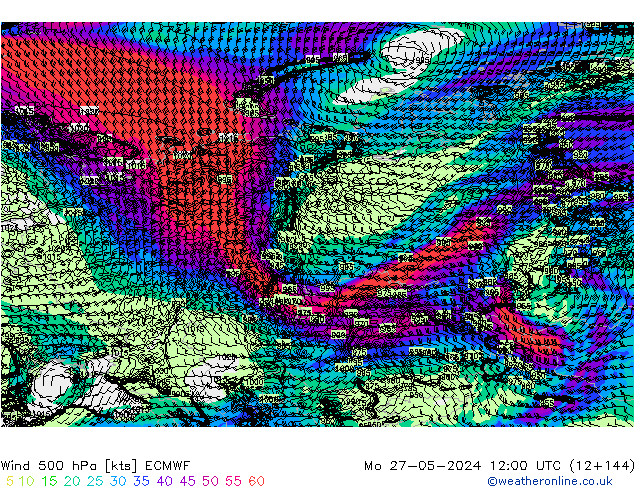 Wind 500 hPa ECMWF Mo 27.05.2024 12 UTC