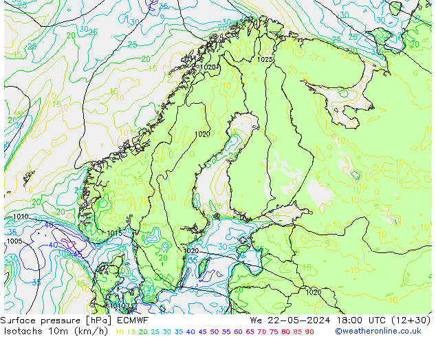 Isotachs (kph) ECMWF  22.05.2024 18 UTC