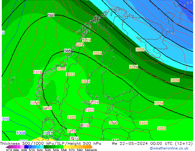 Schichtdicke 500-1000 hPa ECMWF Mi 22.05.2024 00 UTC