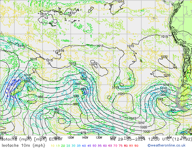 Isotachs (mph) ECMWF  29.05.2024 12 UTC