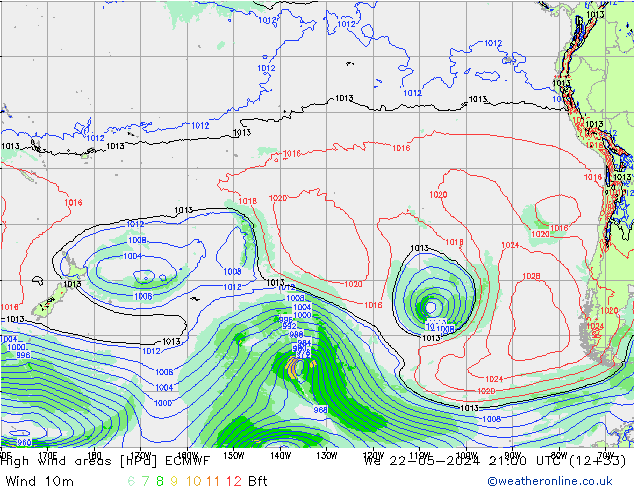 High wind areas ECMWF mer 22.05.2024 21 UTC