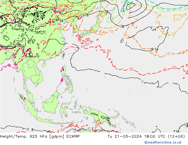 Height/Temp. 925 hPa ECMWF Tu 21.05.2024 18 UTC