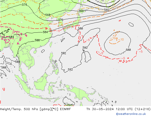 Z500/Rain (+SLP)/Z850 ECMWF czw. 30.05.2024 12 UTC