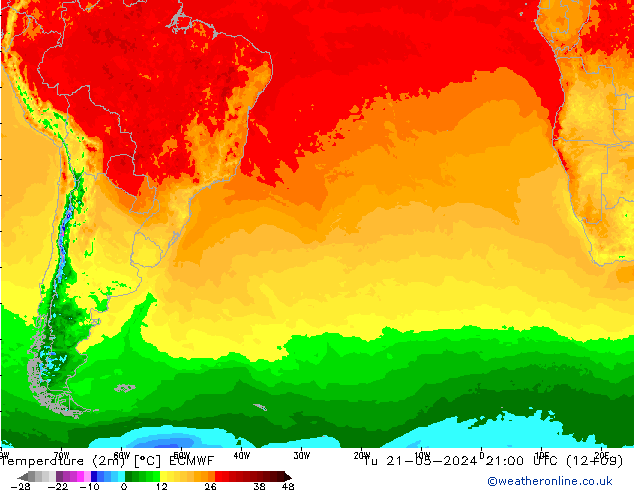 Temperatuurkaart (2m) ECMWF di 21.05.2024 21 UTC