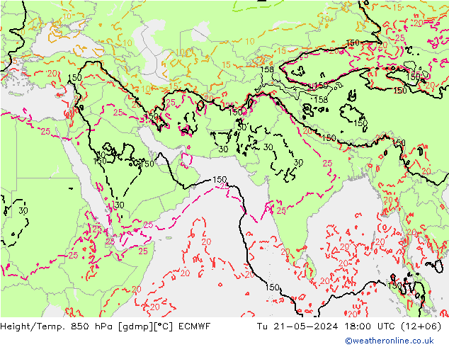 Géop./Temp. 850 hPa ECMWF mar 21.05.2024 18 UTC