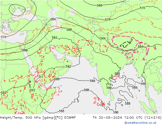 Z500/Rain (+SLP)/Z850 ECMWF Čt 30.05.2024 12 UTC