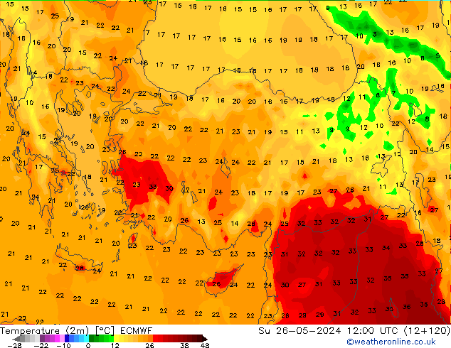 Temperature (2m) ECMWF Su 26.05.2024 12 UTC