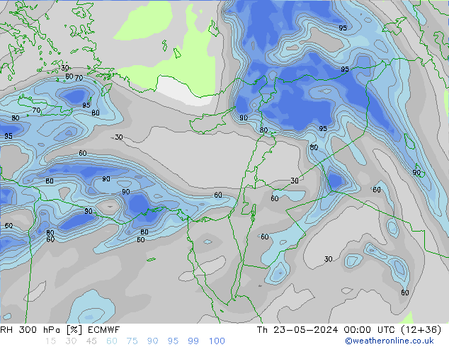 Humidité rel. 300 hPa ECMWF jeu 23.05.2024 00 UTC