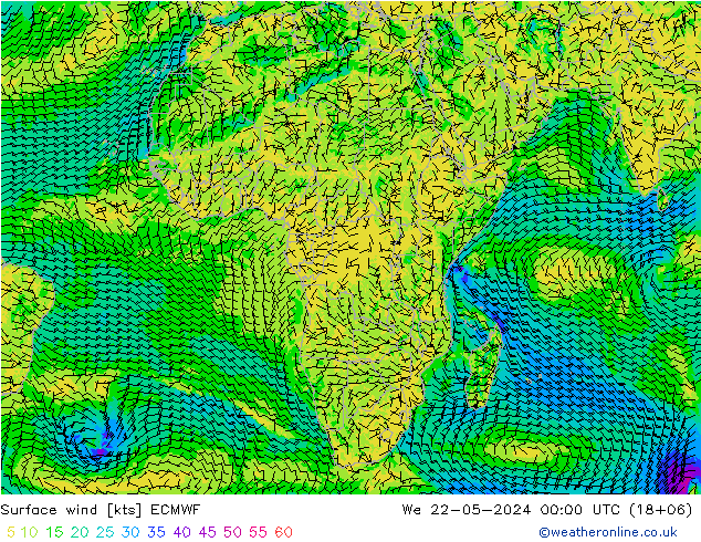 Vento 10 m ECMWF Qua 22.05.2024 00 UTC