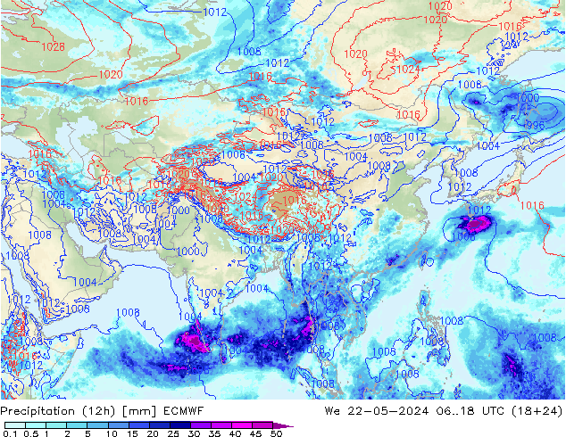 Precipitation (12h) ECMWF We 22.05.2024 18 UTC