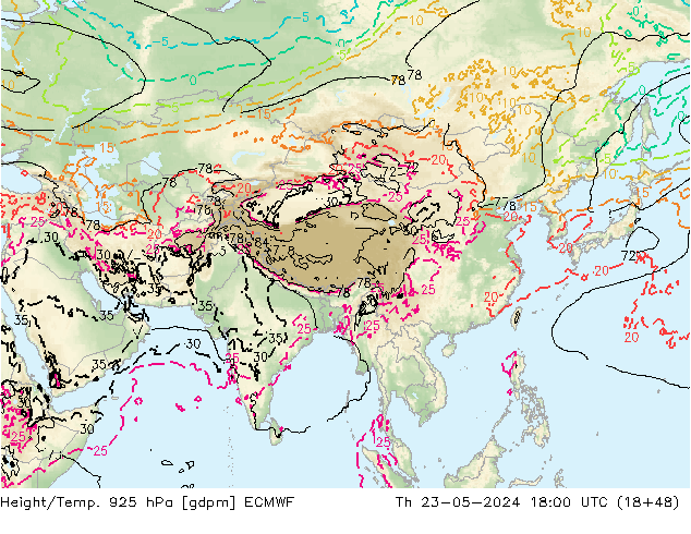 Height/Temp. 925 hPa ECMWF  23.05.2024 18 UTC