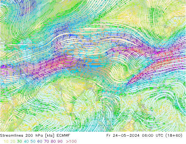 Línea de corriente 200 hPa ECMWF vie 24.05.2024 06 UTC