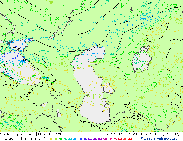 Isotachs (kph) ECMWF Pá 24.05.2024 06 UTC