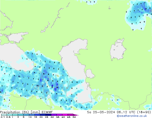 Totale neerslag (6h) ECMWF za 25.05.2024 12 UTC