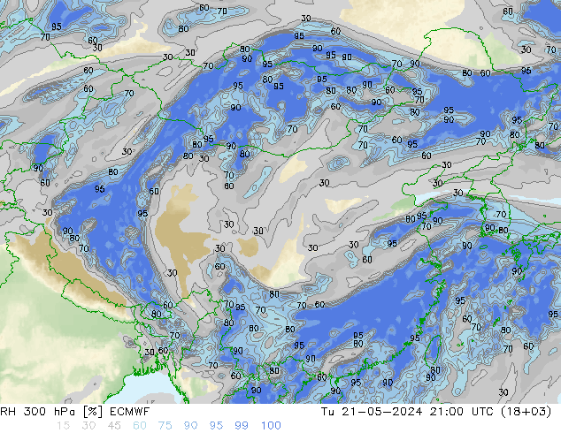 RH 300 hPa ECMWF 星期二 21.05.2024 21 UTC