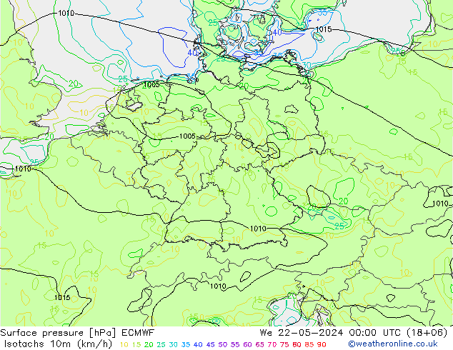 10米等风速线 (kph) ECMWF 星期三 22.05.2024 00 UTC