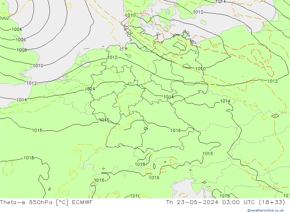 Theta-e 850hPa ECMWF Čt 23.05.2024 03 UTC