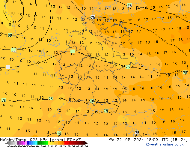 Height/Temp. 925 hPa ECMWF We 22.05.2024 18 UTC