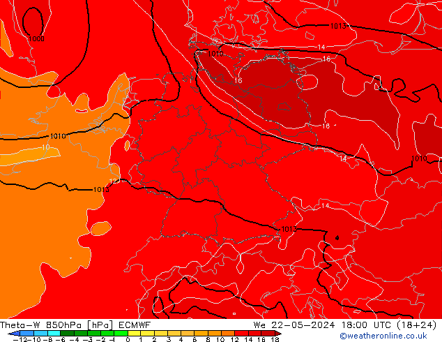 Theta-W 850hPa ECMWF Mi 22.05.2024 18 UTC