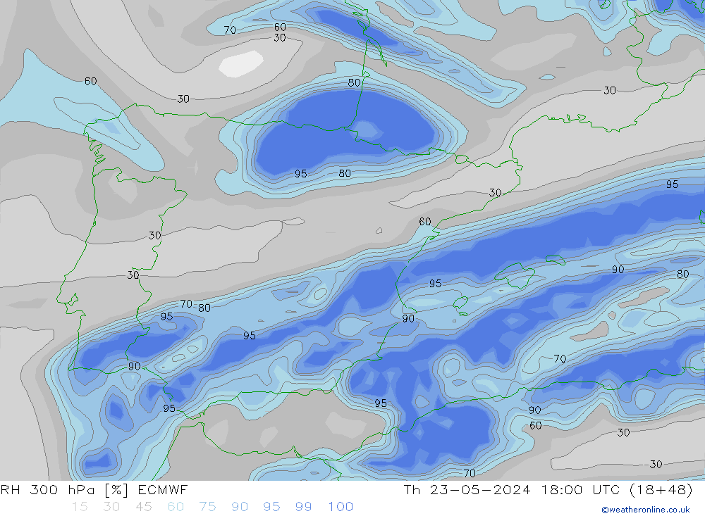 RH 300 hPa ECMWF czw. 23.05.2024 18 UTC