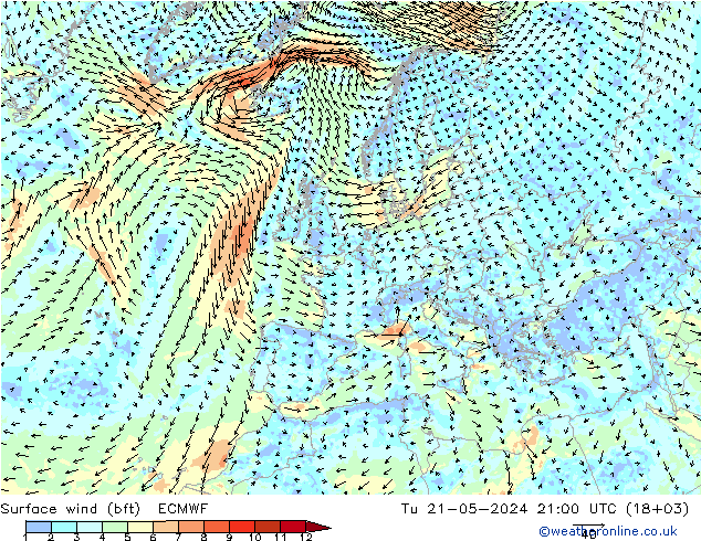 Vento 10 m (bft) ECMWF mar 21.05.2024 21 UTC