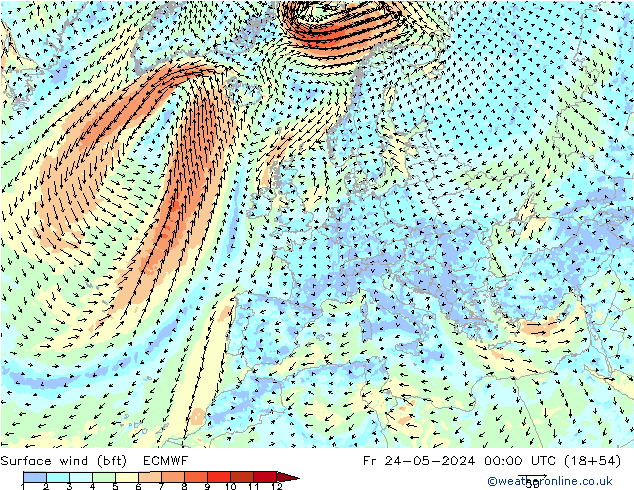 Rüzgar 10 m (bft) ECMWF Cu 24.05.2024 00 UTC