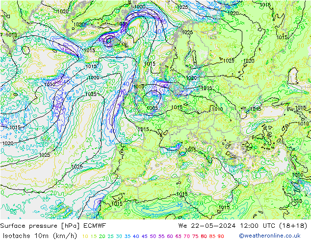 Isotachs (kph) ECMWF We 22.05.2024 12 UTC