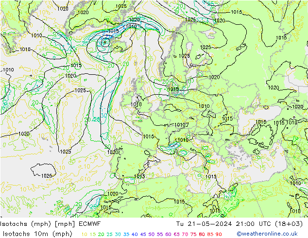Isotachen (mph) ECMWF Di 21.05.2024 21 UTC